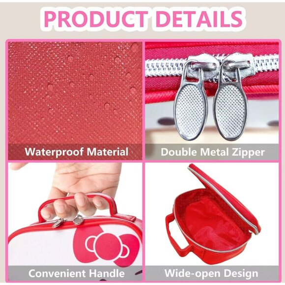 Hello Kitty Double-Zipper Handbag Cute Portable PU Bag for Makeup, Travel - Picture 2 of 2